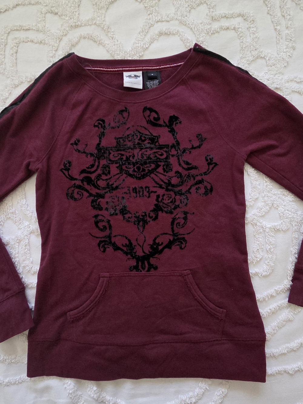 Harley-Davidson Women's Maroon Sweatshirt Ornate Graphic Logo Pullover Pouch